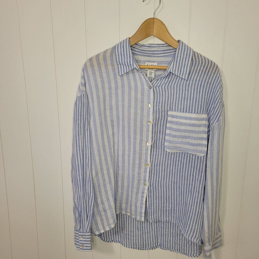 Nicole Miller Linen Top Womens Sz XL Blue White Striped Long Sleeve Coastal New